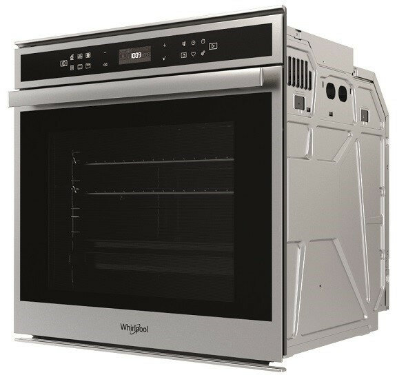 Srebrny piekarnik do zabudowy, pokazujący panel przedni i bok.