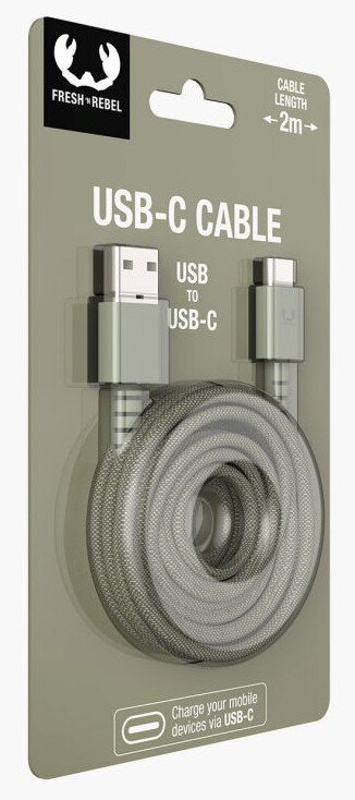 Kabel USB-C w opakowaniu. Kabel jest zwinięty. Opakowanie ma otwór do zawieszania.