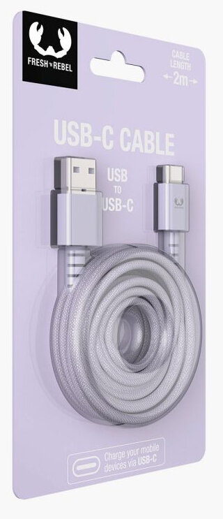 Kabel USB-C w opakowaniu. Kabel jest szary i zwinięty, ze złączami USB-C do USB-C.