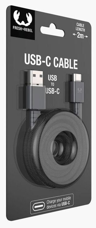 Opakowanie kabla USB-C z czarnym kablem w środku, na białym tle.