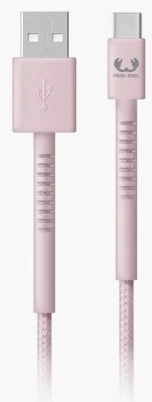 Różowy kabel USB-C, podłączony do złącza USB-A i USB-C. Białe tło.
