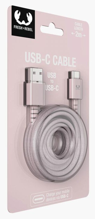 Kabel USB-C zapakowany w różowy kolor. Jest to kabel USB do USB-C dla urządzeń mobilnych.
