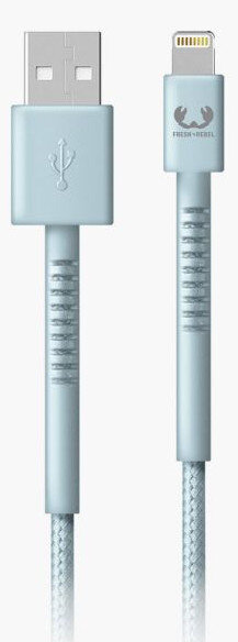 Jasnoniebieski kabel USB do Lightning, pokazujący oba złącza i plecioną konstrukcję kabla.