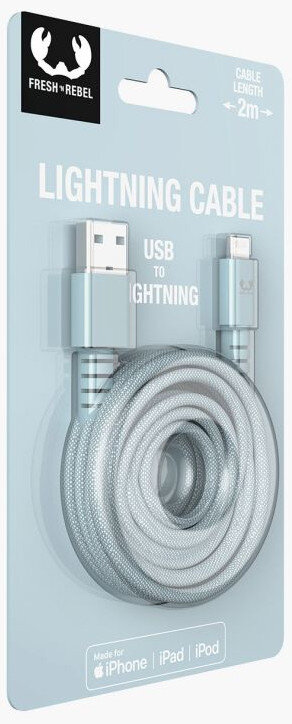Kabel Lightning w opakowaniu. Jest to kabel USB do Lightning, biały i jasnoniebieski.