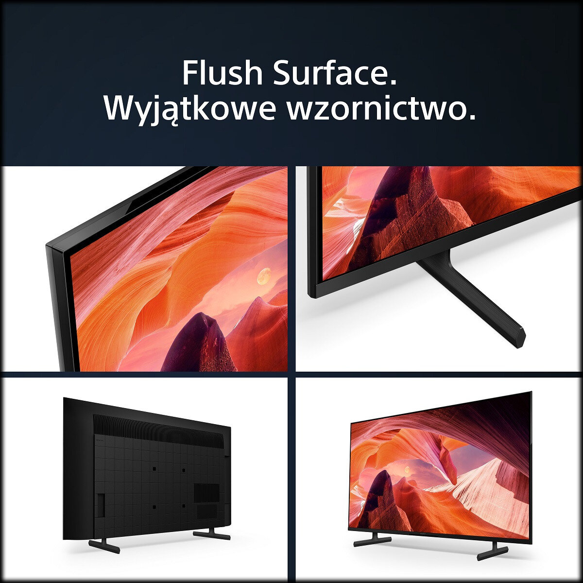 Cztery zdjęcia telewizora z krajobrazem kanionu, z tekstem 'Flush Surface. Wyjątkowe wzornictwo.'