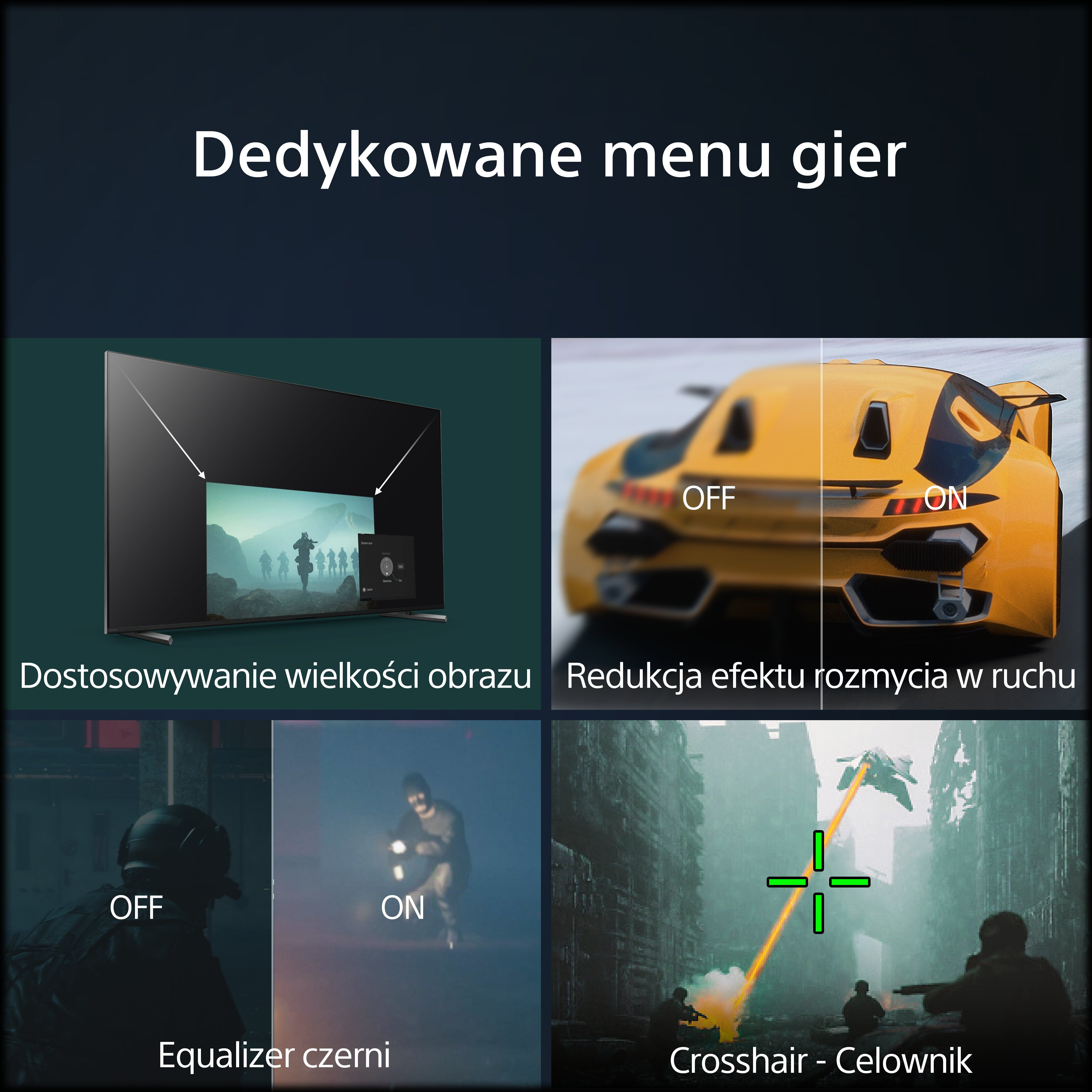 Interfejs gry z opcjami regulacji obrazu, redukcji rozmycia ruchu i celownikiem.