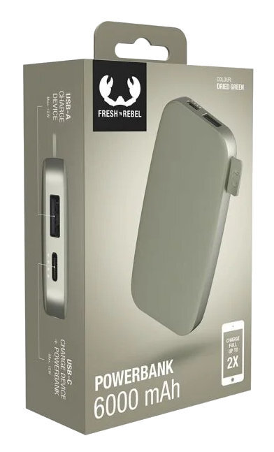 Powerbank Fresh 'n Rebel w kolorze wysuszonej zieleni w opakowaniu.