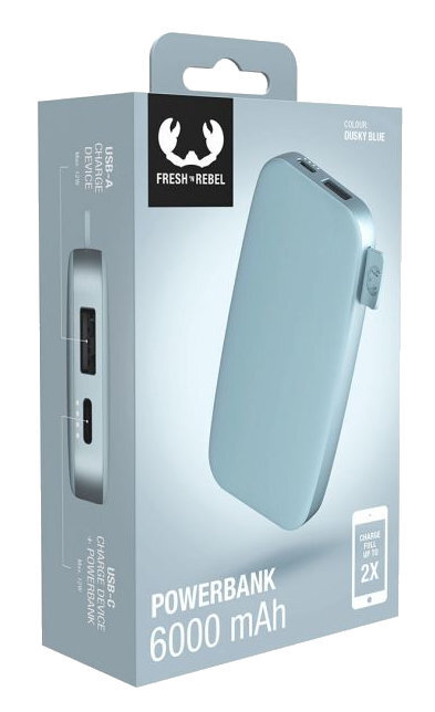Szary power bank w pudełku. Pudełko pokazuje power bank i jego funkcje.