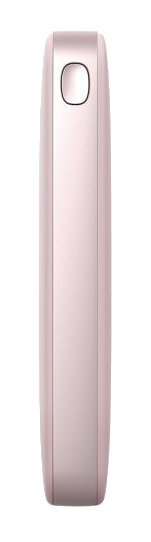 Różowe, prostokątne urządzenie z przyciskiem na górze. Na białym tle.