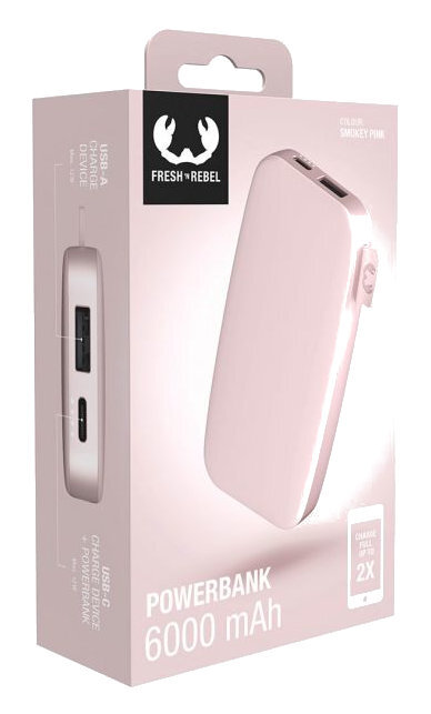 Różowy powerbank Fresh 'n Rebel w pudełku. Pokazuje urządzenie i informacje o ładowaniu. Białe tło.