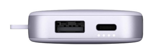 Jasnofioletowy power bank z portami USB i USB-C oraz lampką kontrolną.