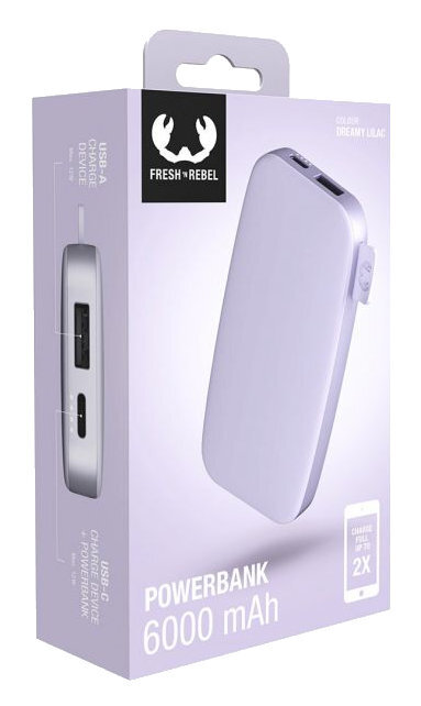 Power bank w pudełku w jasnofioletowym kolorze i portem ładowania USB.