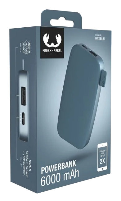 Powerbank Fresh 'n Rebel w pudełku, kolor niebieski. Porty USB widoczne z boku.