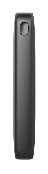 Czarny power bank z pojedynczym przyciskiem na górze. Ma gładką powierzchnię i zaokrąglone krawędzie.