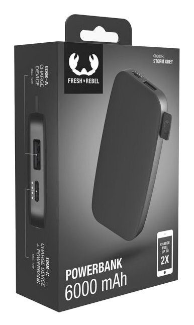 Czarno-szare pudełko power banku ze zdjęciem produktu, portami i wskaźnikiem ładowania.