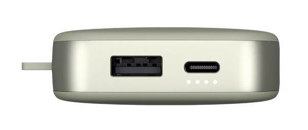 Srebrno-szary power bank z portami USB i USB-C oraz pętlą.