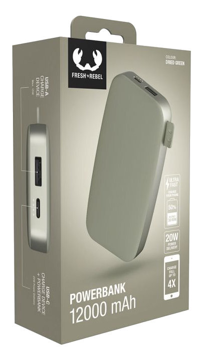 Powerbank w pudełku. Ma jasnozielony kolor. Pudełko pokazuje funkcje.