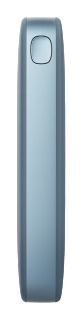 Niebieski, prostokątny power bank z jednym przyciskiem na górze.
