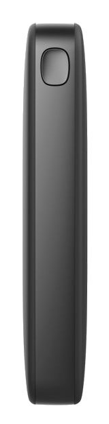 Czarny power bank z przyciskiem zasilania na górze.
