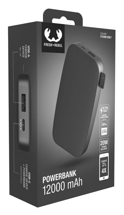 Czarny power bank w pudełku, z portami USB i tekstem w języku angielskim na pudełku.