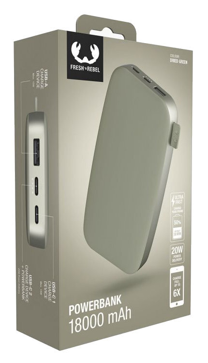 Opakowanie powerbanku. Pudełko przedstawia produkt, szary powerbank, z informacjami.