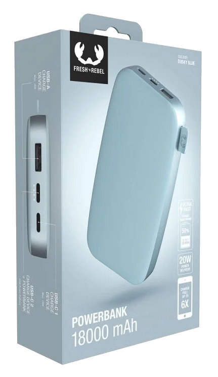 Fresh 'n Rebel, powerbank w kolorze szaroniebieskim w pudełku.