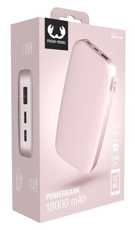 Różowy power bank w pudełku. Posiada porty USB-A i USB-C. Pudełko pokazuje markę i specyfikacje.