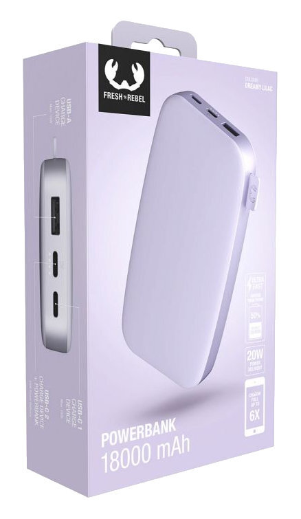 Power bank w fioletowym pudełku. Ma biały power bank i port USB.