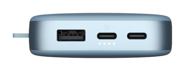 Niebieski power bank z portami USB-A i USB-C.