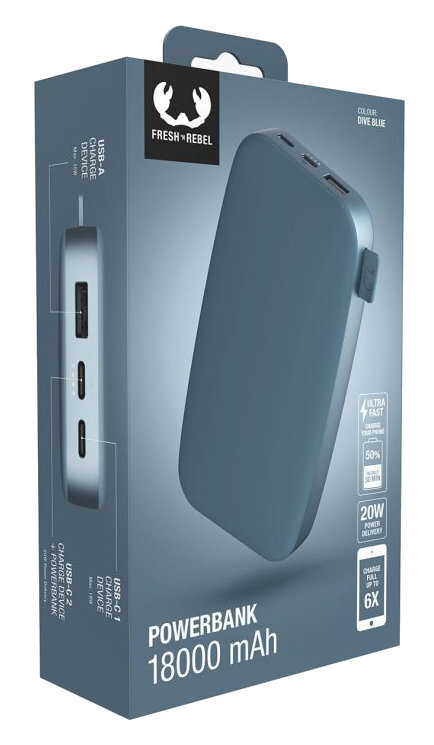 Niebieski power bank w pudełku, z USB i specyfikacją zasilania.