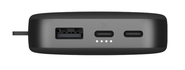 Czarny power bank z portami USB i USB-C.