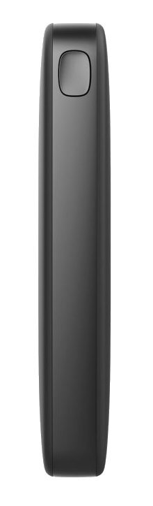 Czarny, prostokątny, smukły power bank z jednym przyciskiem na górze.