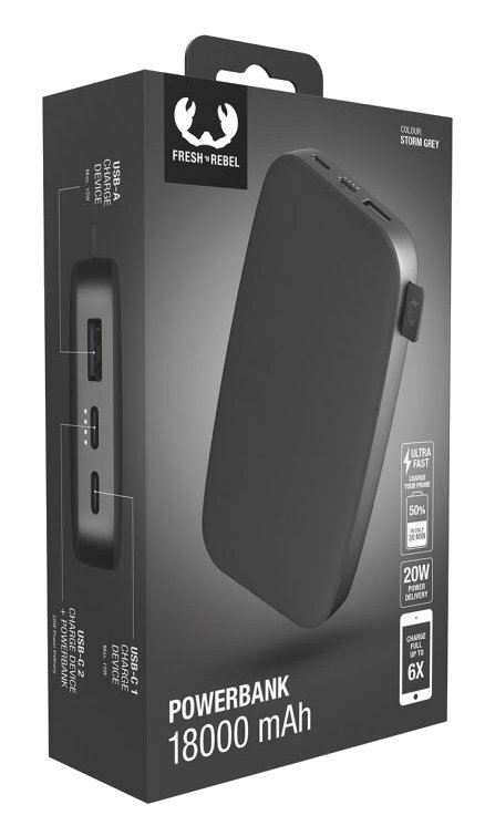Czarny powerbank w szarym pudełku ze specyfikacją. Pudełko mówi 'POWERBANK'.
