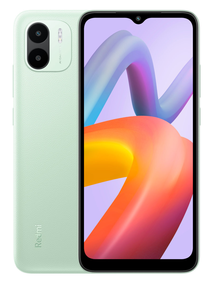 Zielony smartfon Redmi z podwójnym aparatem i kolorowym ekranem z abstrakcyjnym obrazem.