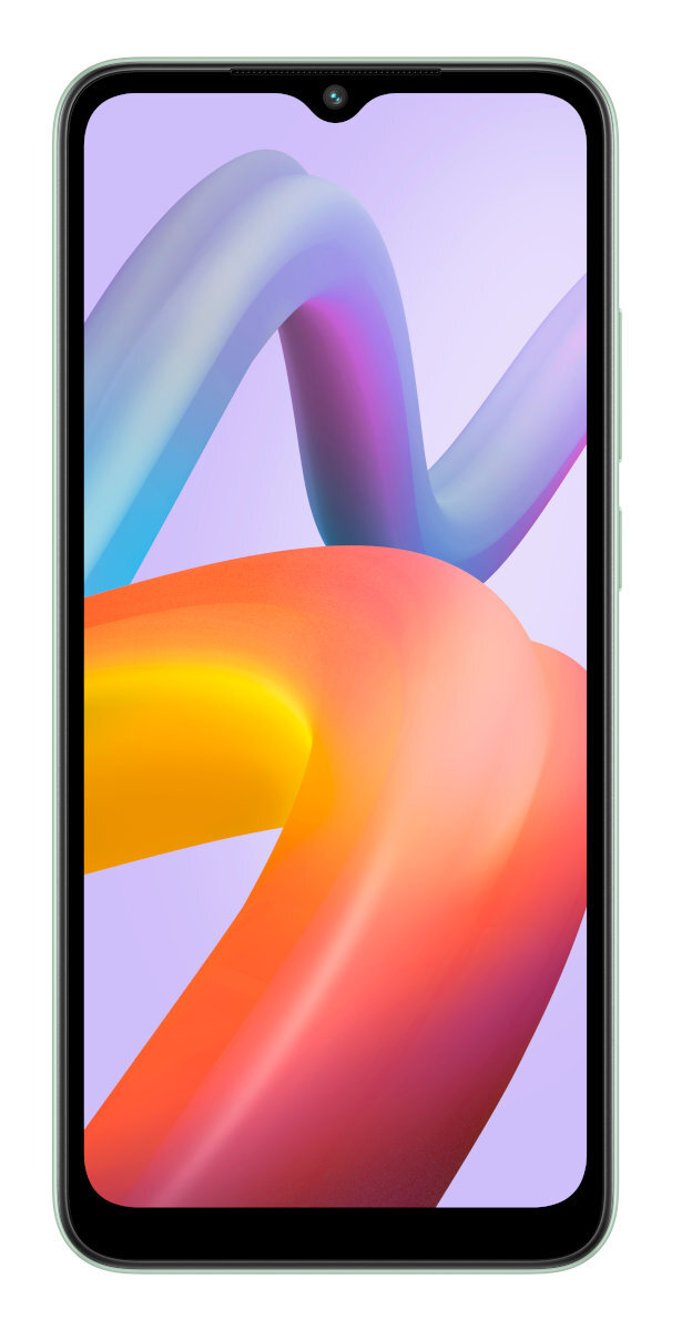 Smartfon z jasnozieloną ramką. Ekran wyświetla abstrakcyjny, kolorowy, wirujący wzór.