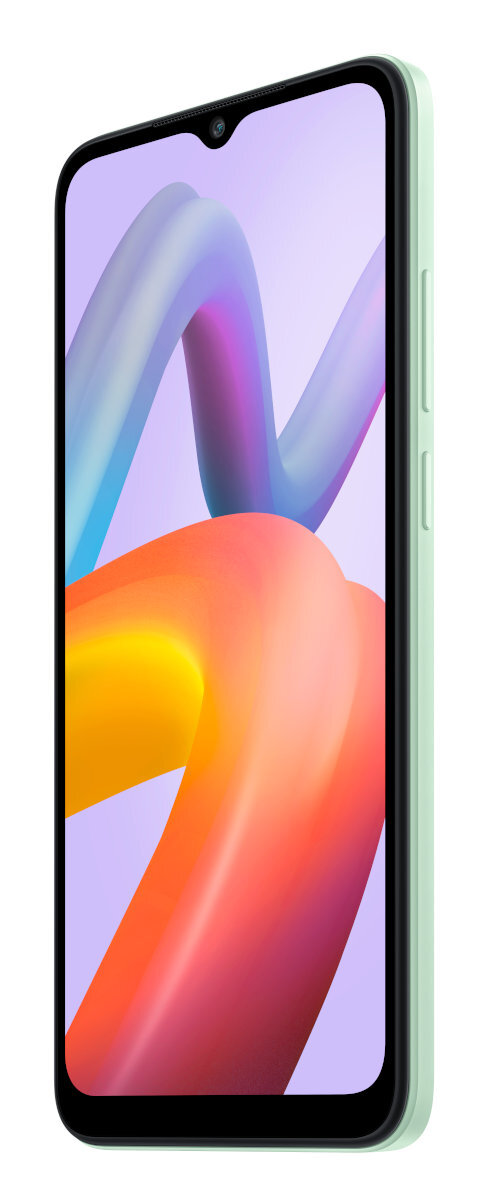 Zielony smartfon pod kątem, pokazujący ekran z kolorowymi abstrakcjami.
