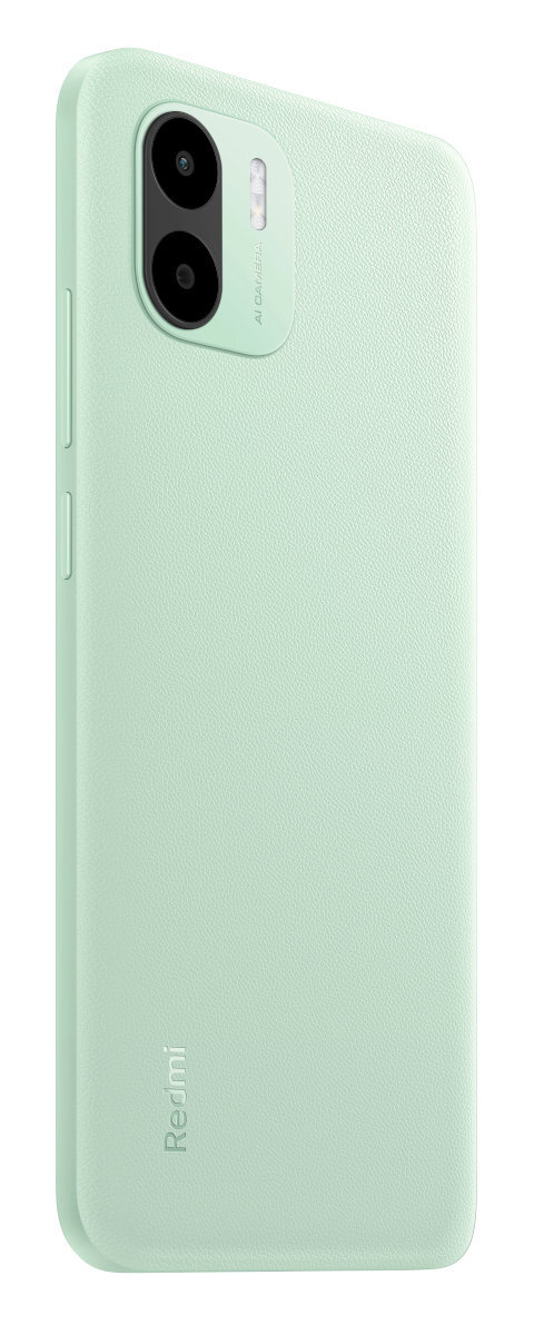 Miętowy smartfon z dwoma aparatami i pojedynczym obiektywem.
