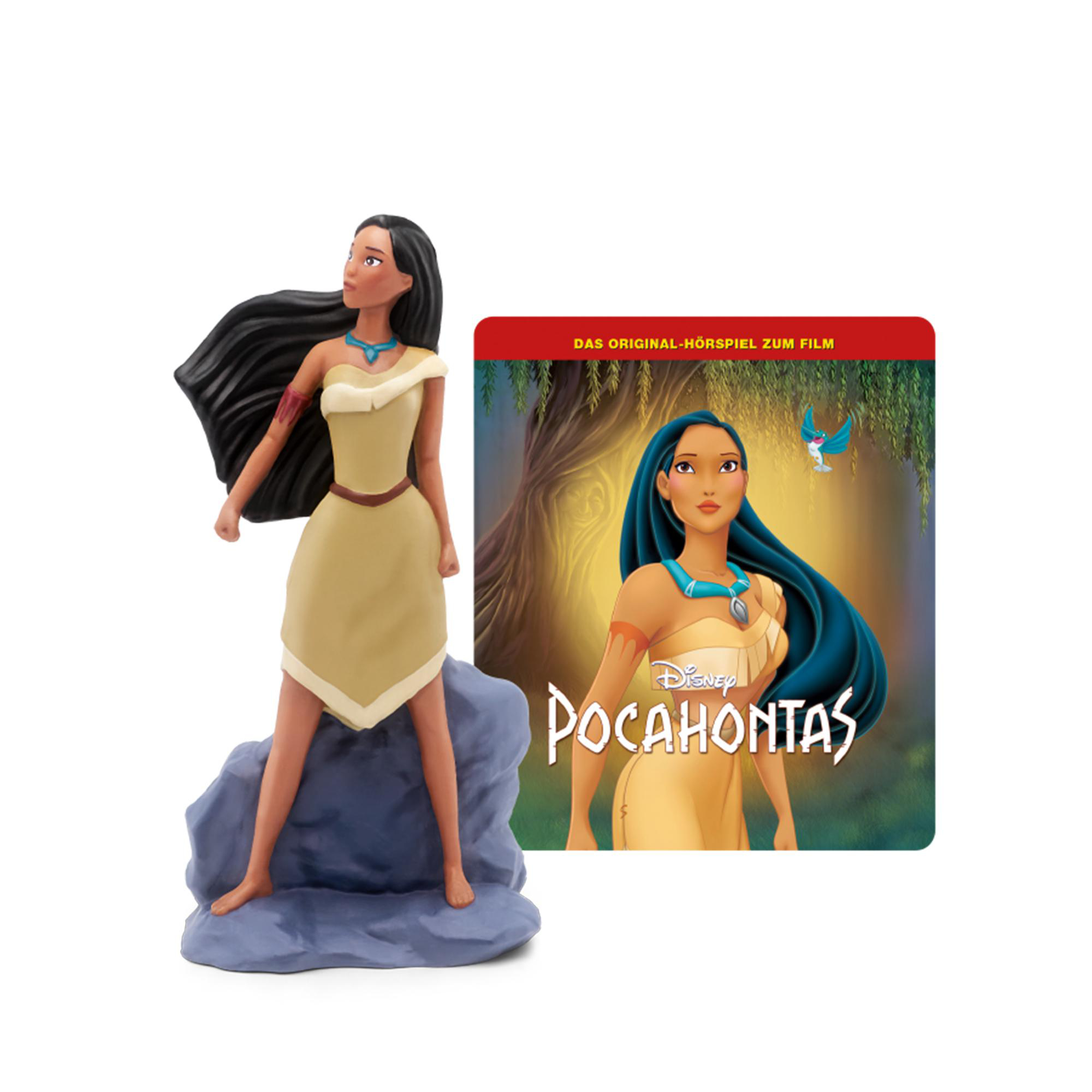 Eine Pocahontas-Figur, die auf einem Felsen steht, neben einem Filmcover mit dem Titel.
