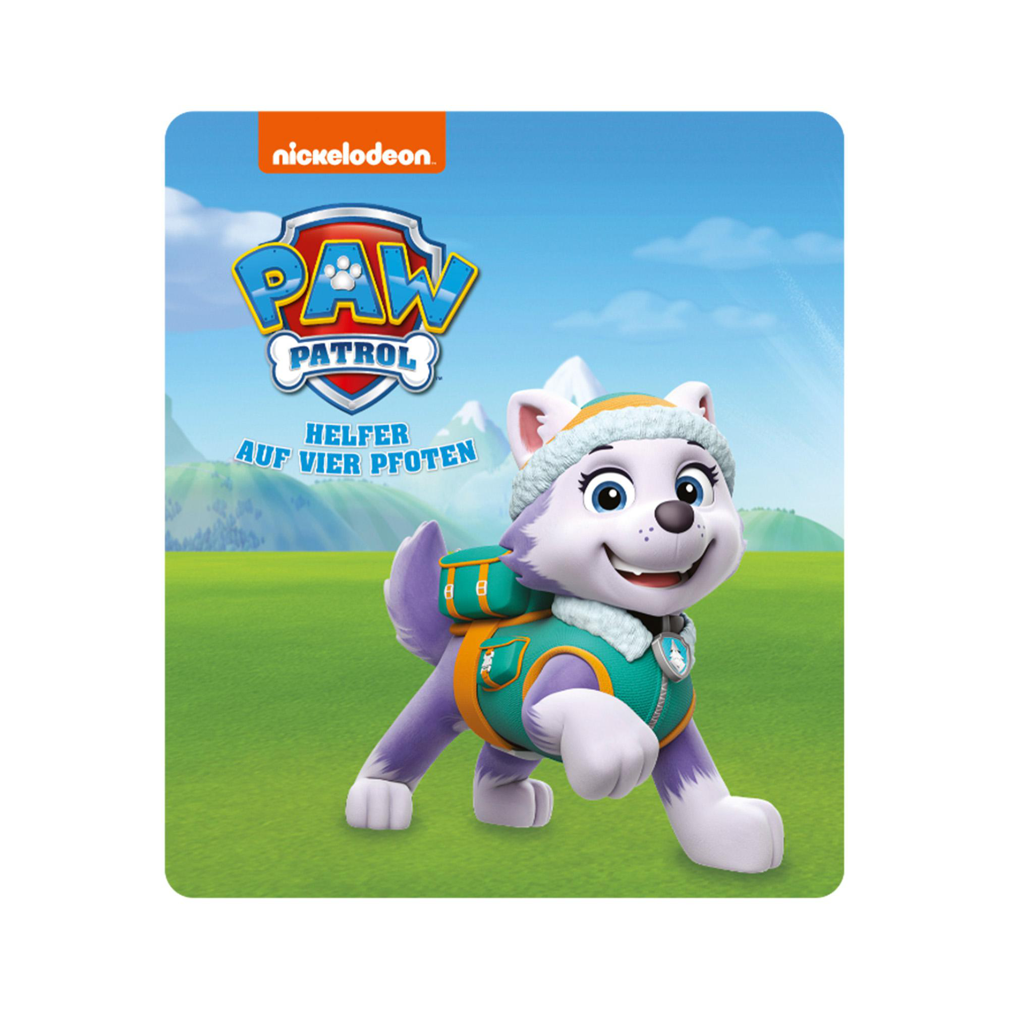 Paw Patrol-Figur Everest auf einem grünen Feld. Das Logo befindet sich oben. Es ist ein Cartoon-Bild.