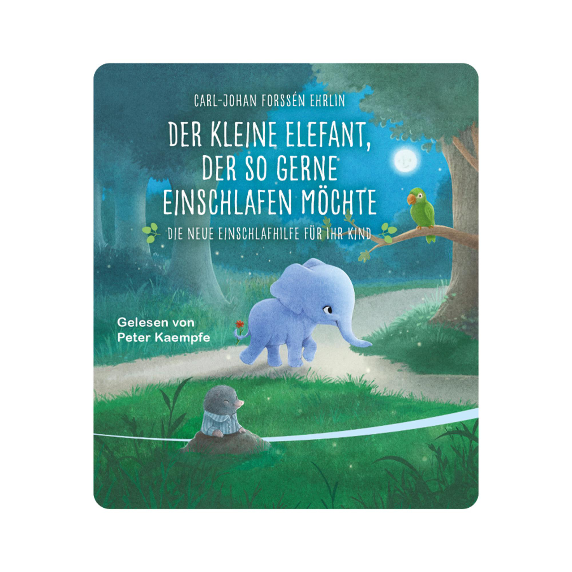 Buchcover: Deutscher Text. Ein blauer Elefant mit einem kleinen Vogel auf einem Ast. Vollmond im Hintergrund.