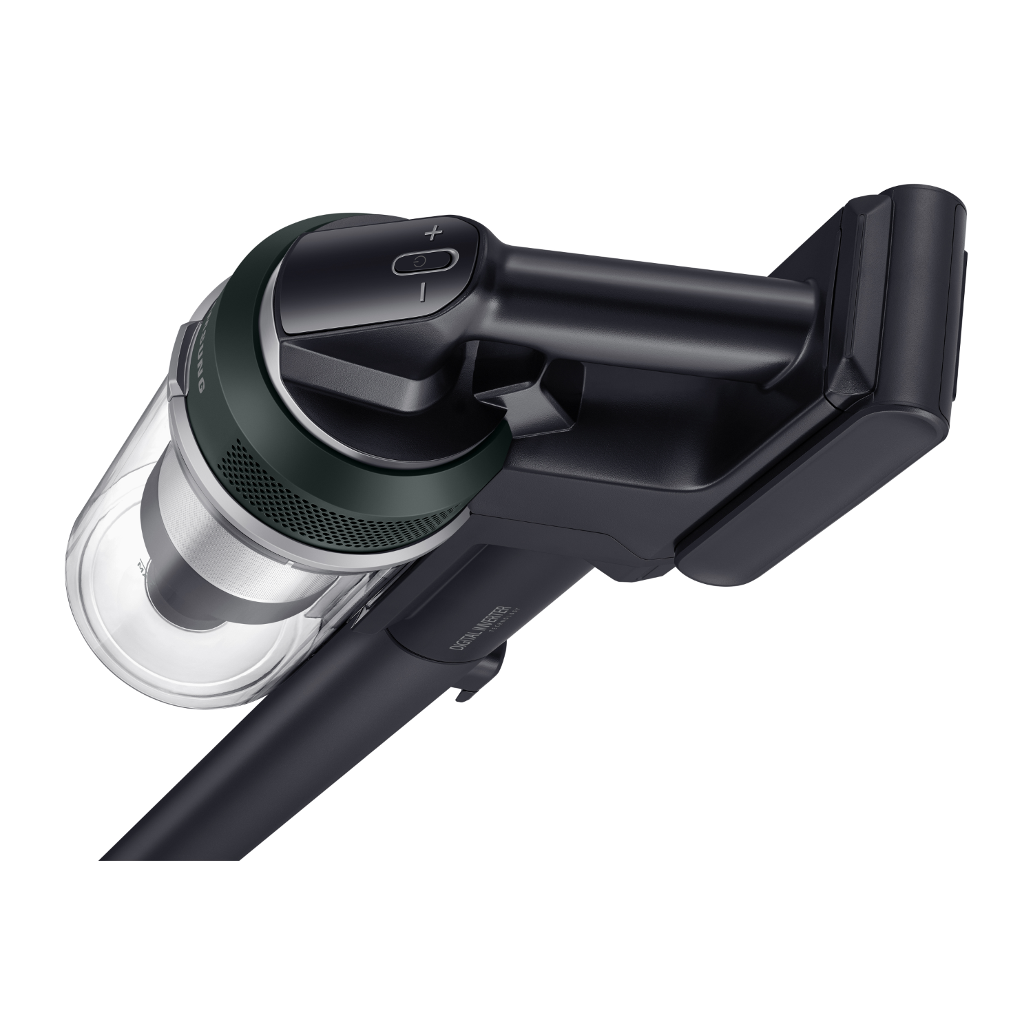 Black cordless vacuum cleaner. A transparent container with a green top and a black handle.