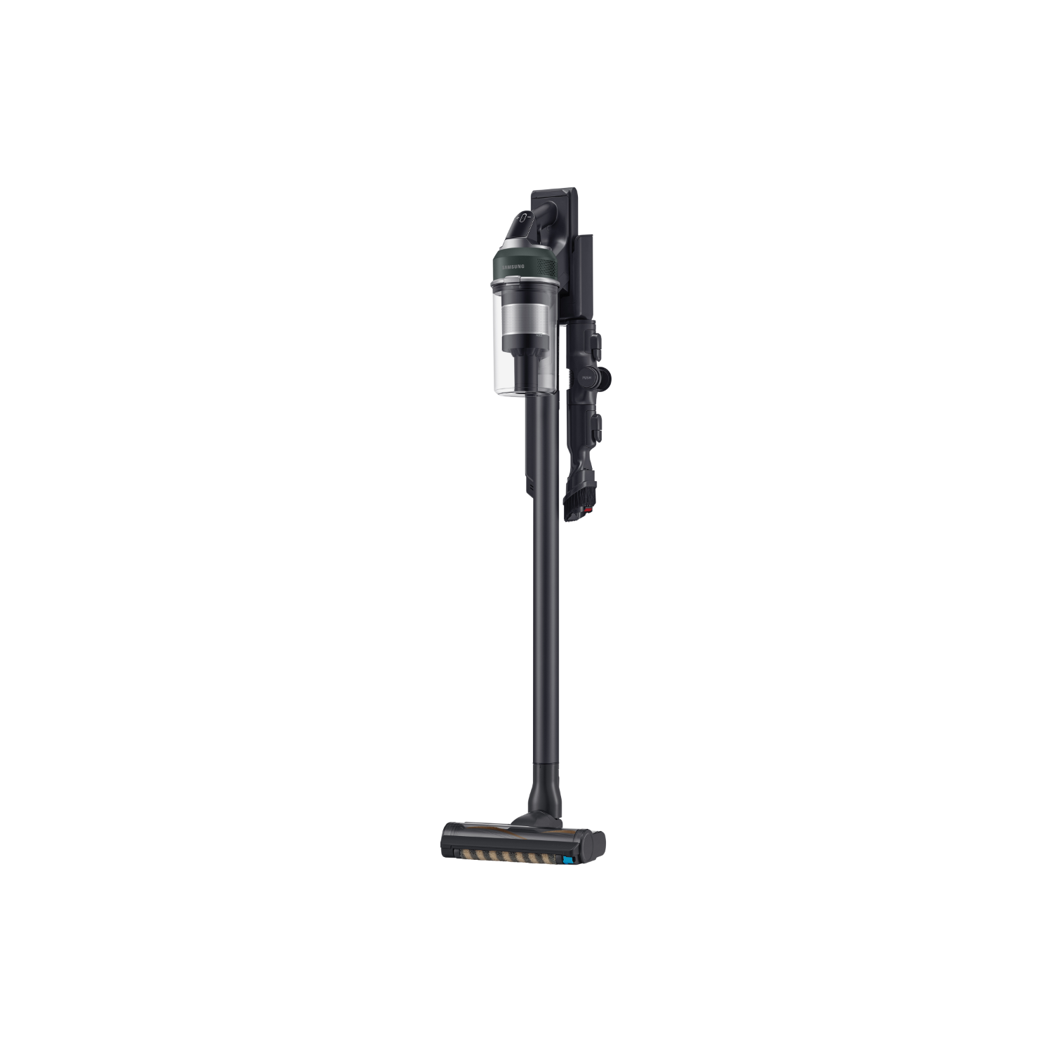 Black cordless vacuum cleaner. It has a transparent dust container and a brush attachment.