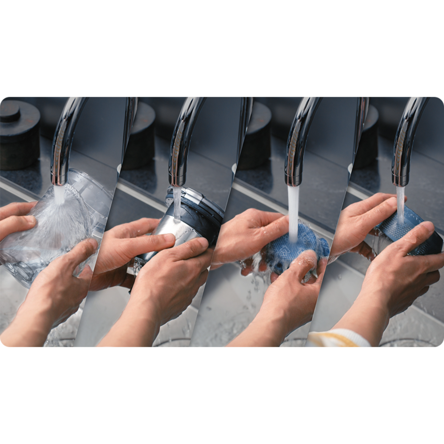 Hands washing objects under running water: glass, black cylinder, sponge, and blue cloth.