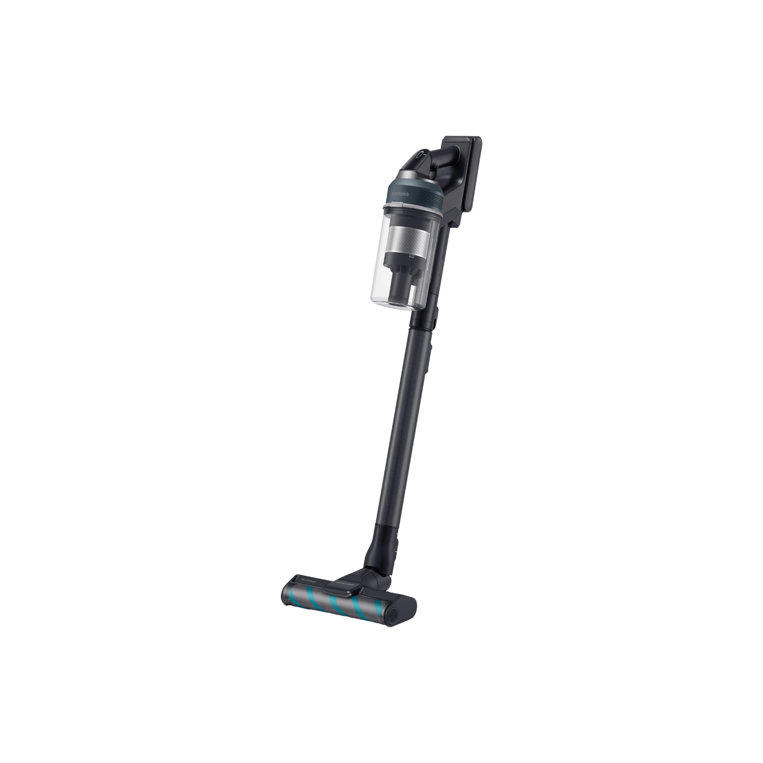A black cordless vacuum cleaner on a white background, with various components visible.
