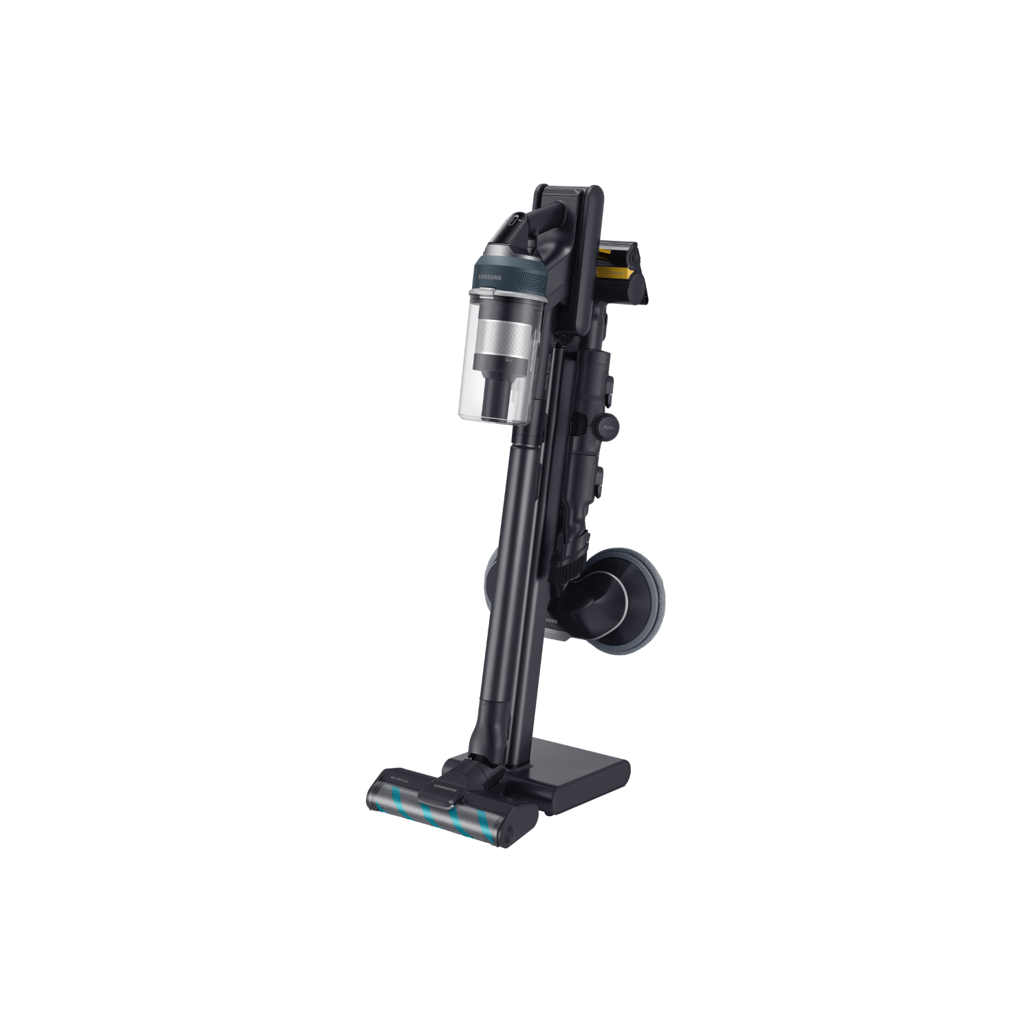 A black cordless vacuum cleaner stands on its base. The vacuum has a dust container and a brush head.