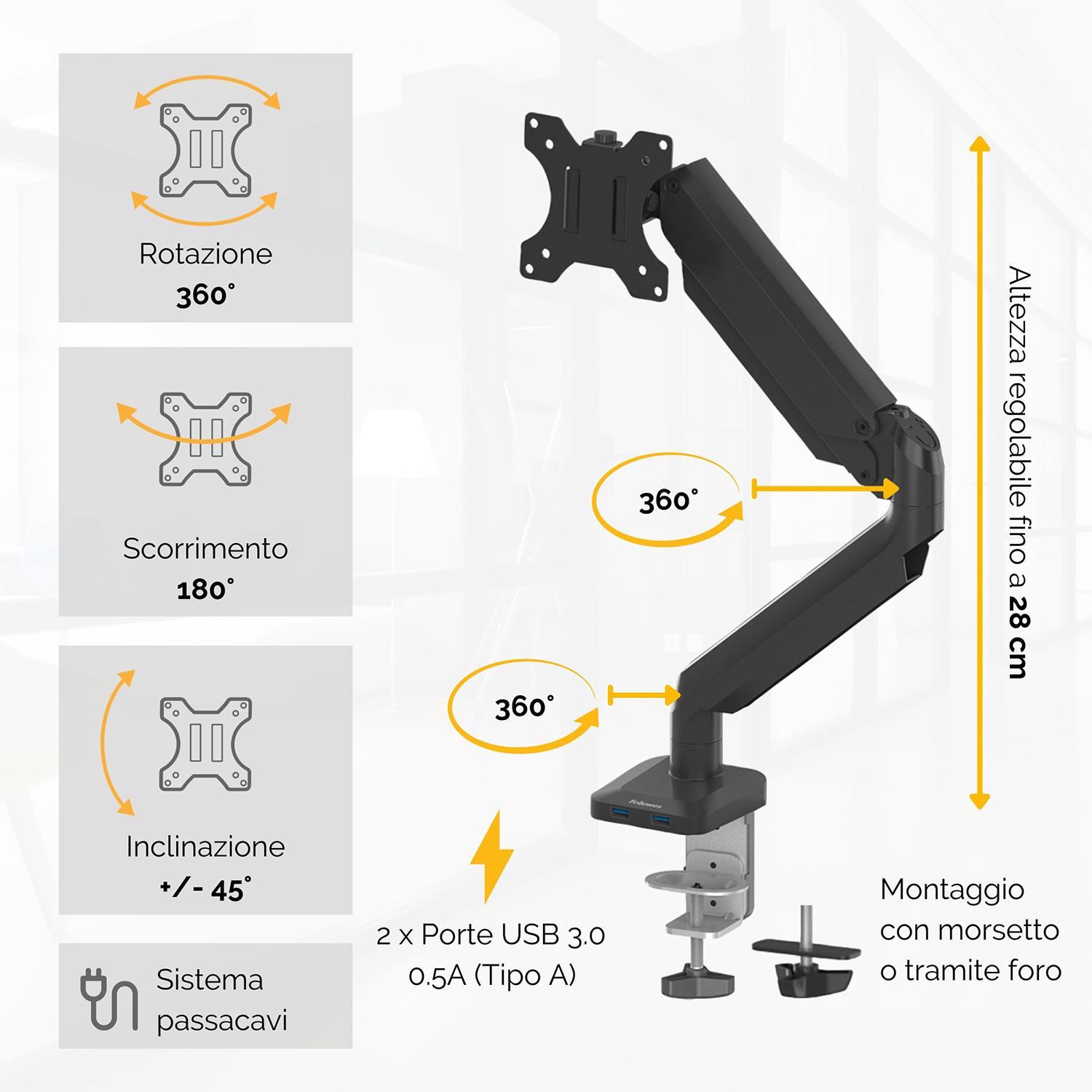 Un braccio per monitor nero con morsetto e porte USB regolabili, rotazione a 360°.