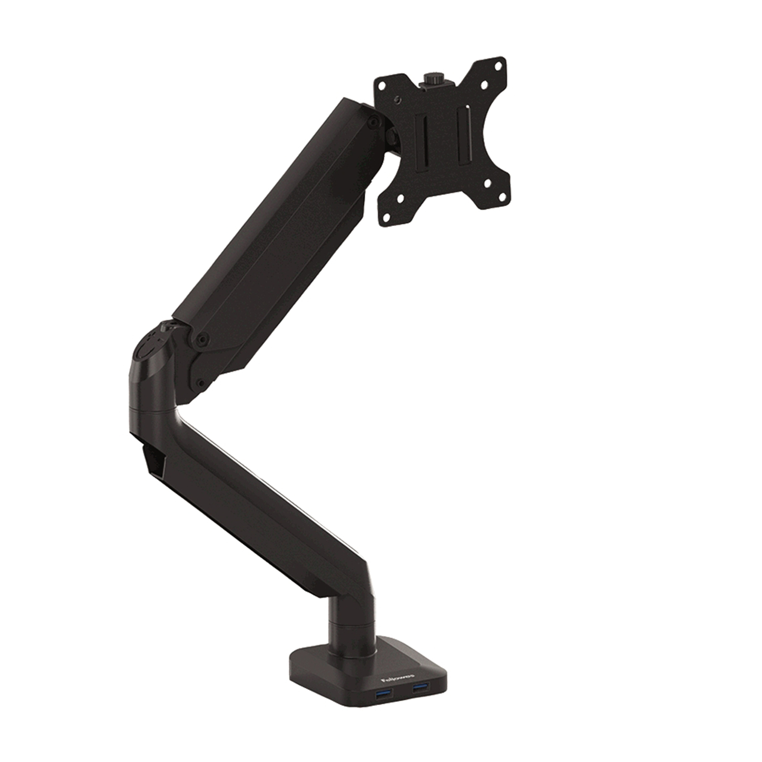 Braccio monitor nero con supporto, base e bracci articolati regolabili, su bianco.