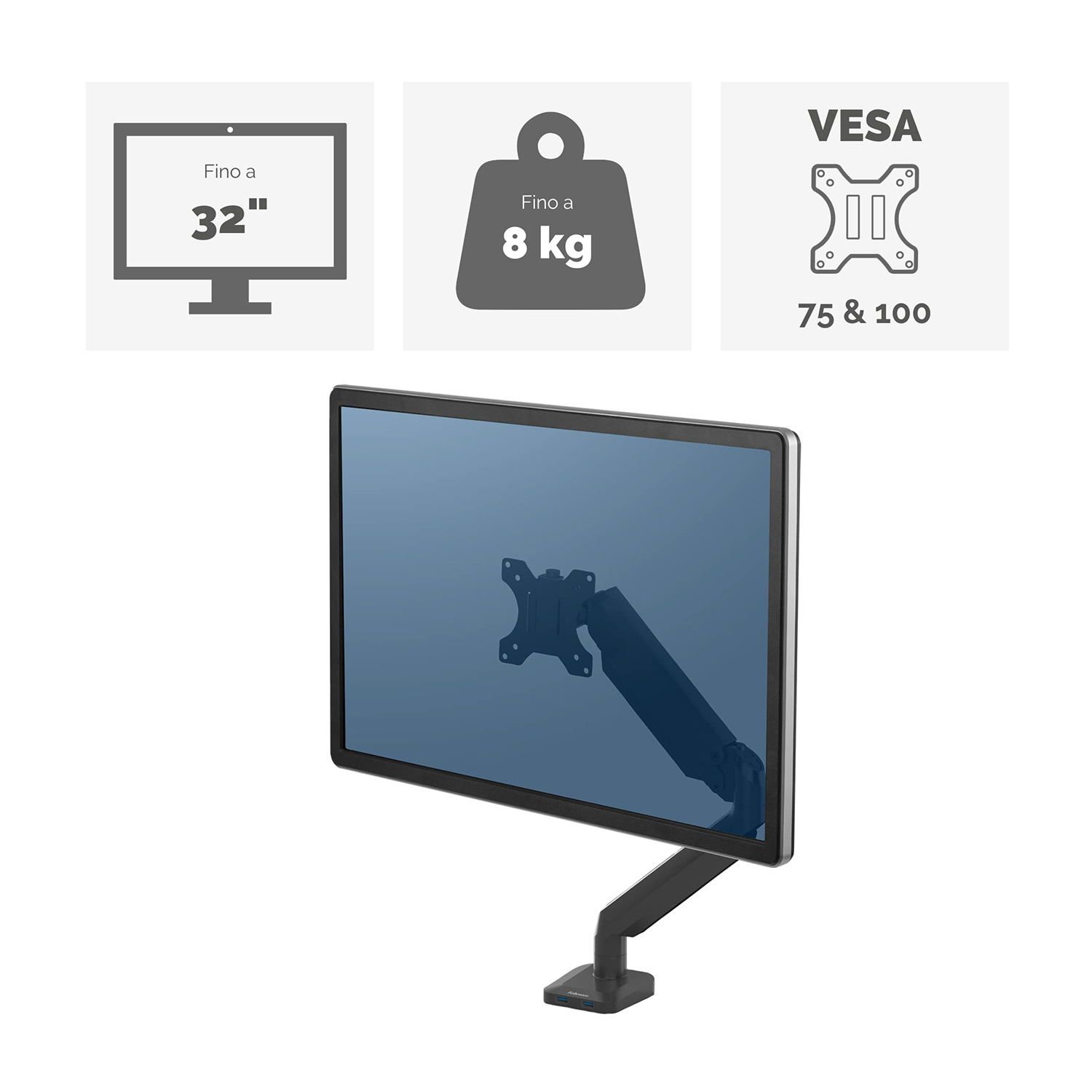 Un monitor con icone di dimensioni, peso e supporto VESA.