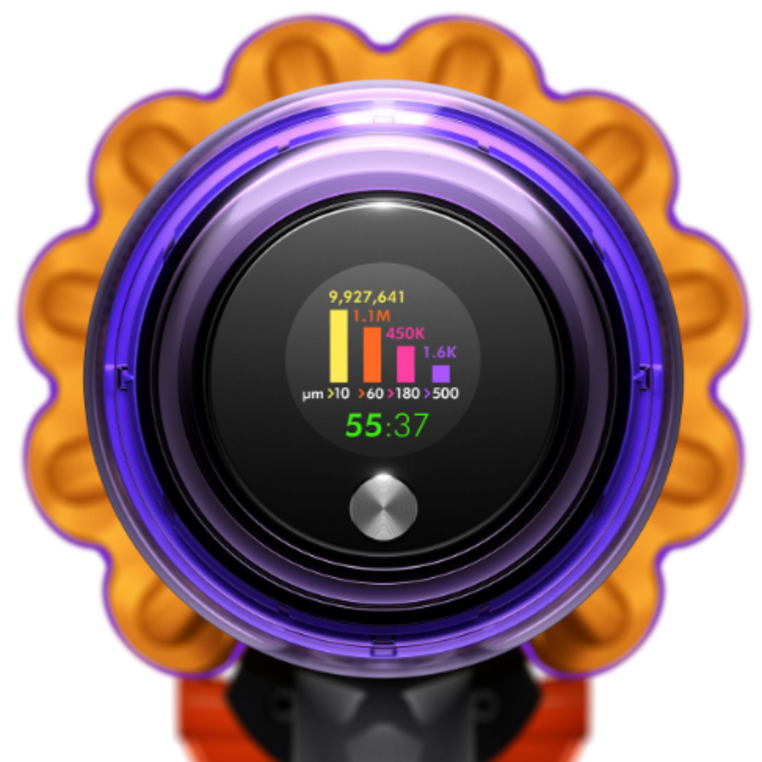 Close-up of a vacuum cleaner head with a digital display on a white background.