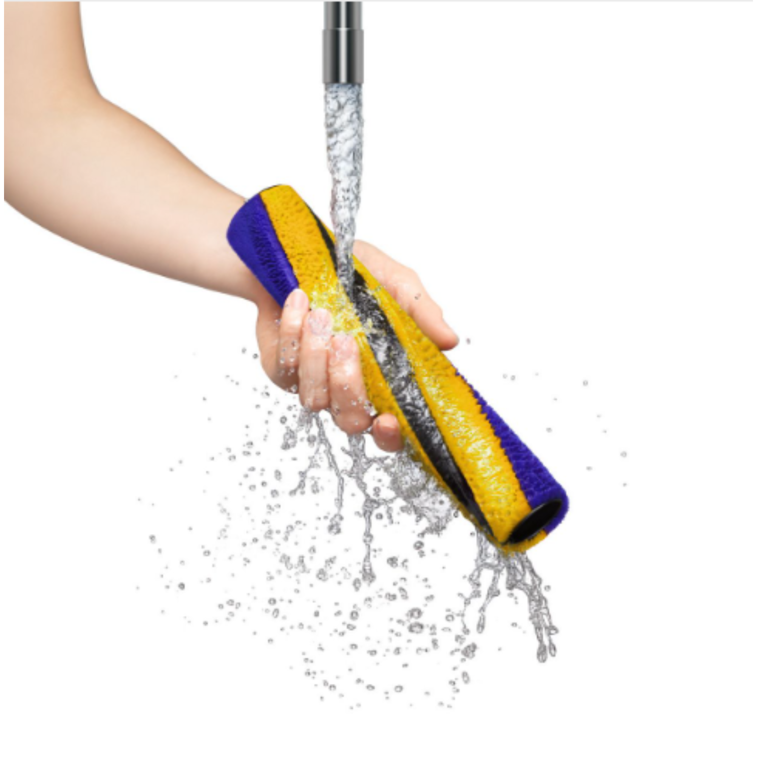 Hand holding a yellow and blue roller being washed with water.